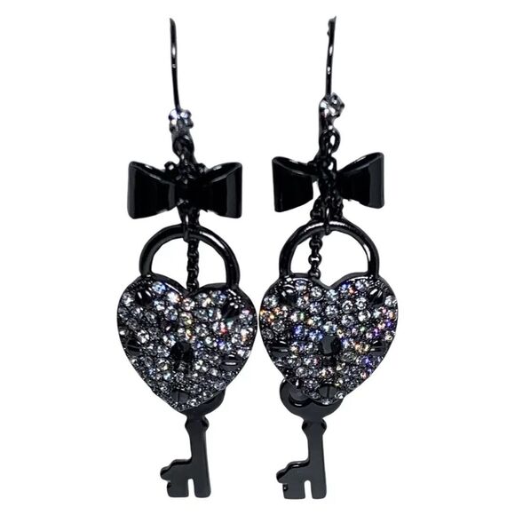 Betsey Johnson Black Crystal Heart Lock & Key Dangle Earrings 4" Valentine Love - Picture 11 of 11